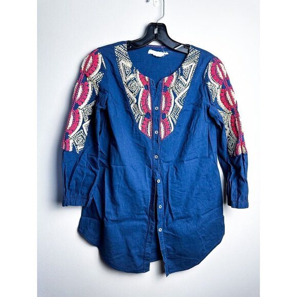 Athropologie Hei Hei Embroidered Button Down Blouse 2 Womens Blue - Picture 2 of 9